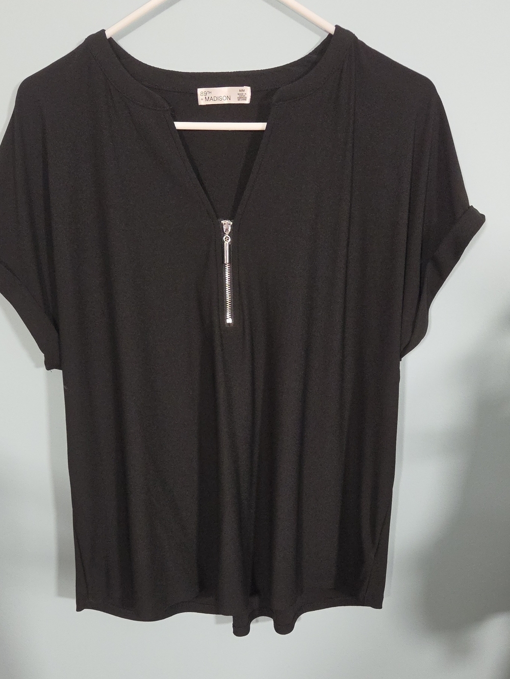 Madison Black Short-Sleeve Zip V-Neck Top